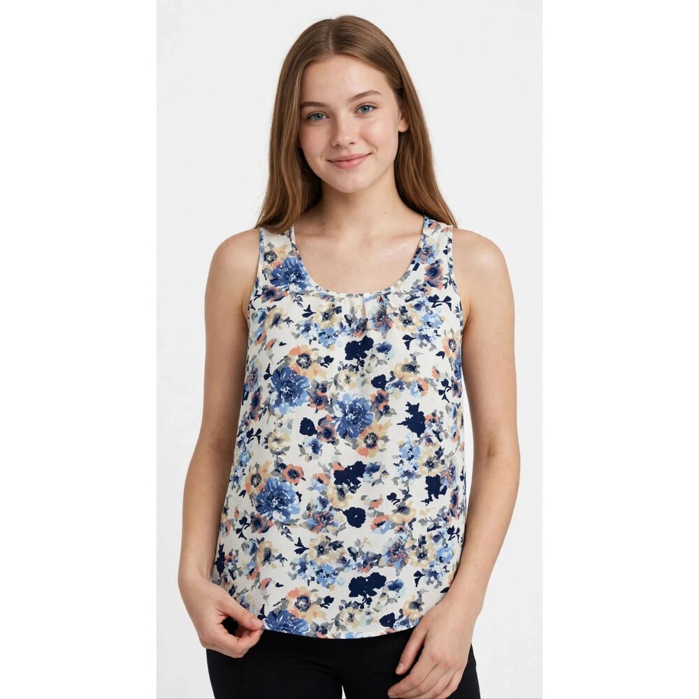 Floral Tank Top Women XL Ivory Navy Sleeveless Racerback Flowy Blouse Summer